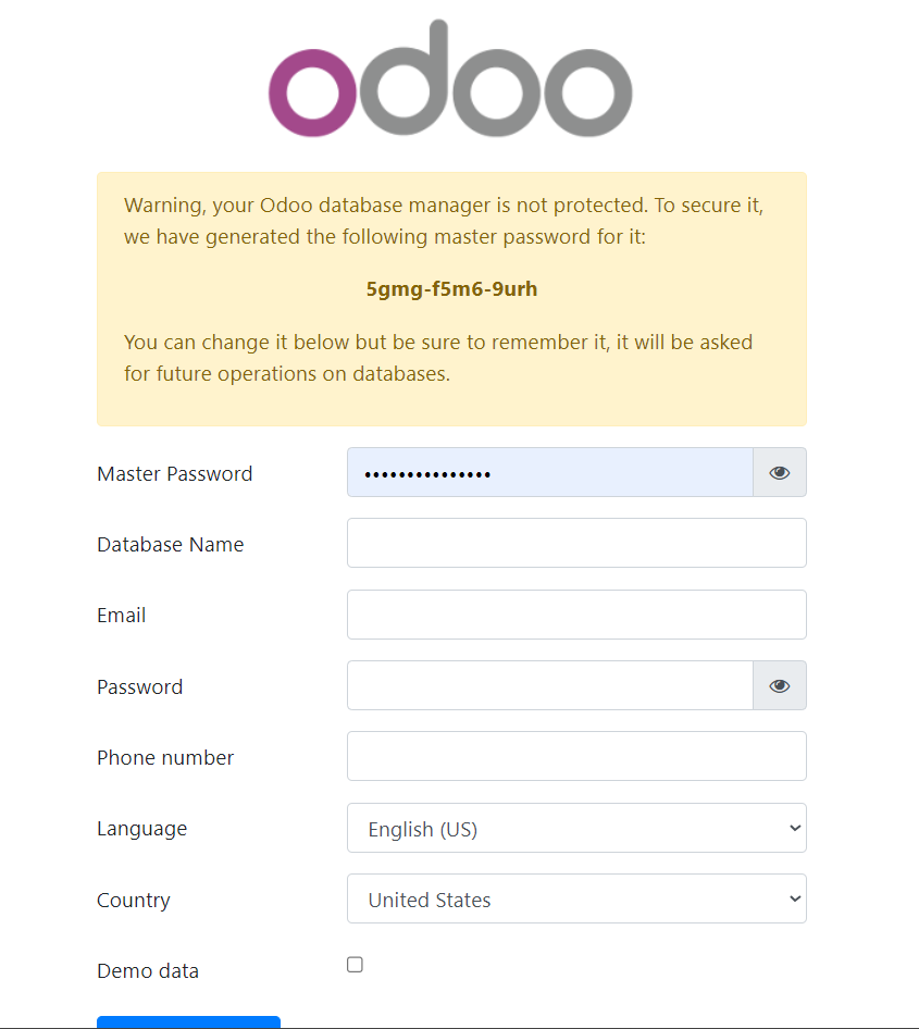 Odoo start screen